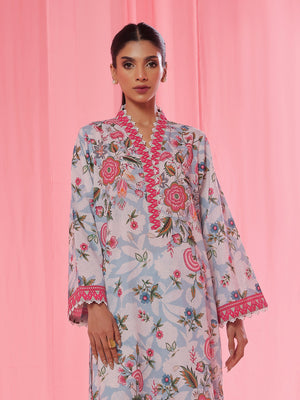 2Pc Printed Pret & Unstitched Shirt Trouser Lawn Ferozi