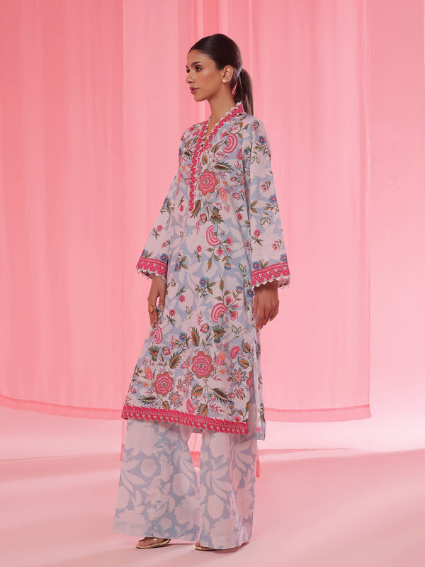 2Pc Printed Pret & Unstitched Shirt Trouser Lawn Ferozi