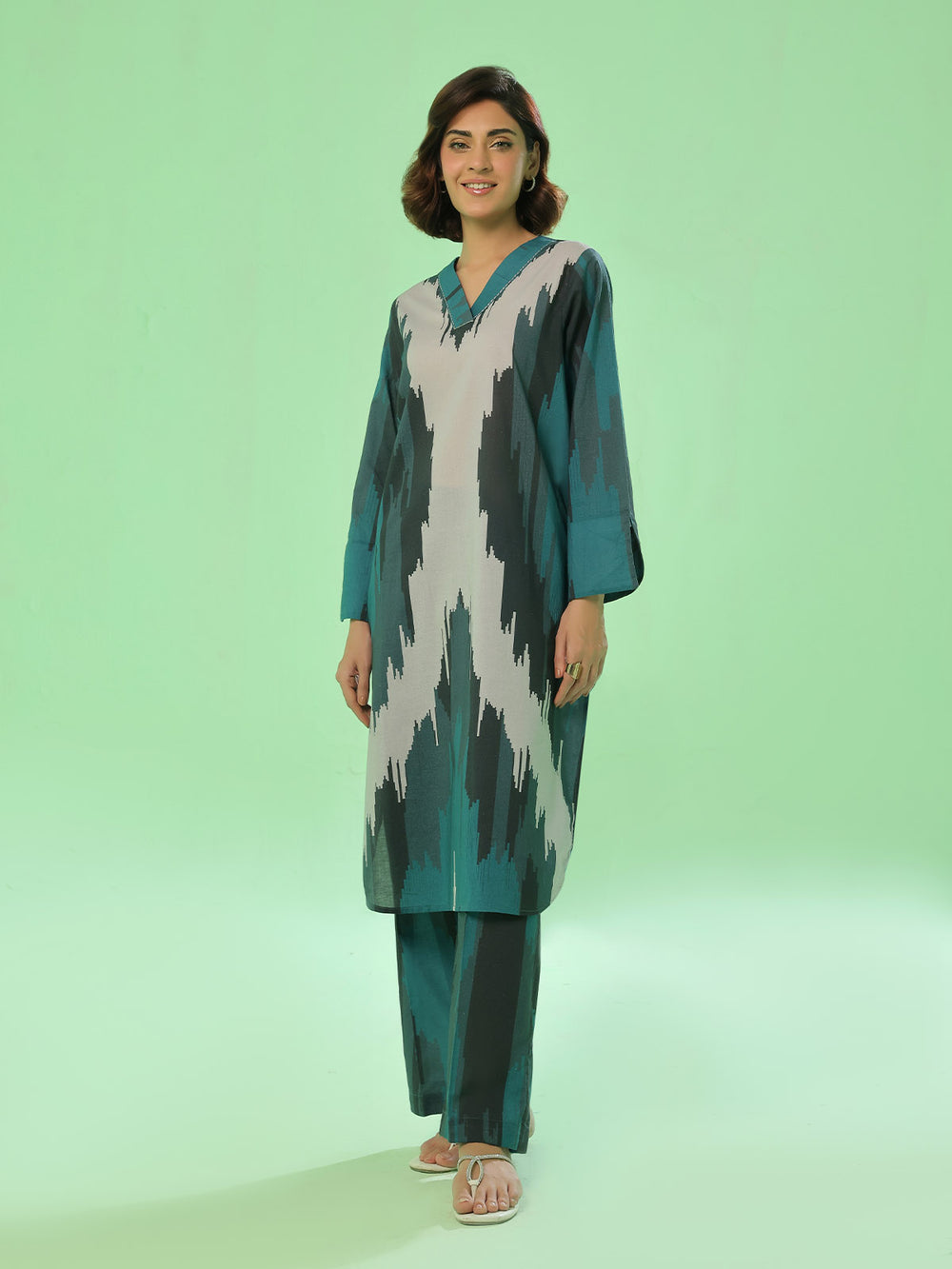 2Pc Printed Pret & Unstitched Shirt Trouser Lawn Dark Green