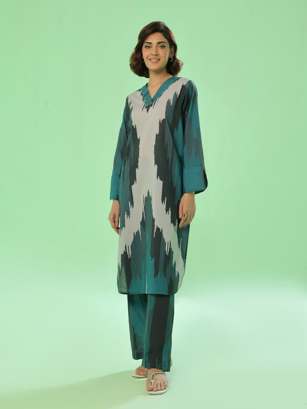 2Pc Printed Pret & Unstitched Shirt Trouser Lawn Dark Green