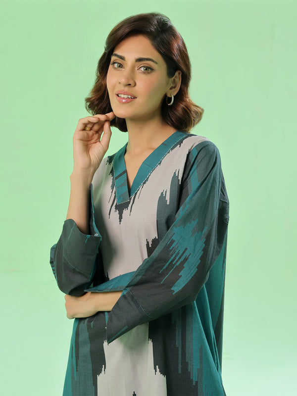 2Pc Printed Pret & Unstitched Shirt Trouser Lawn Dark Green