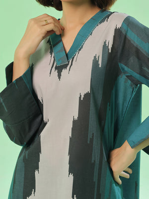 2Pc Printed Pret & Unstitched Shirt Trouser Lawn Dark Green