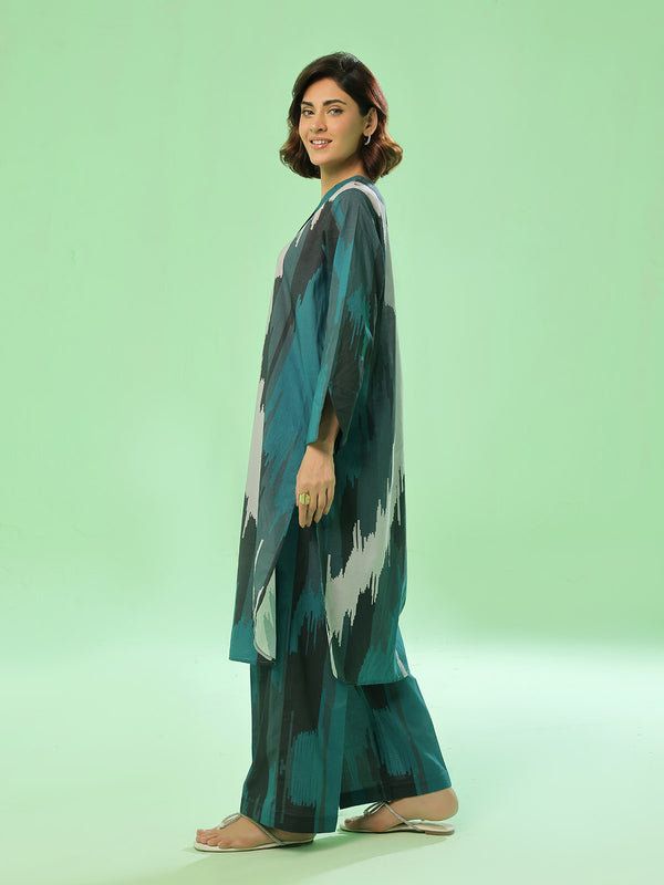 2Pc Printed Pret & Unstitched Shirt Trouser Lawn Dark Green