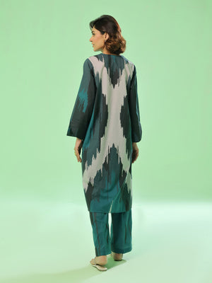 2Pc Printed Pret & Unstitched Shirt Trouser Lawn Dark Green