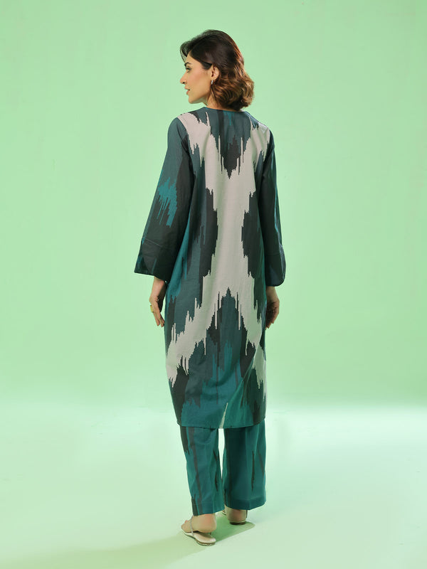 2Pc Printed Pret & Unstitched Shirt Trouser Lawn Dark Green