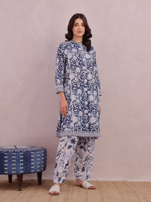 2Pc Printed Pret & Unstitched Shirt Trouser Lawn Blue