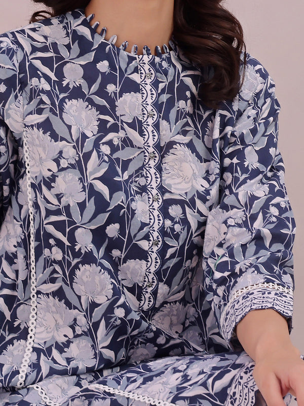 2Pc Printed Pret & Unstitched Shirt Trouser Lawn Blue