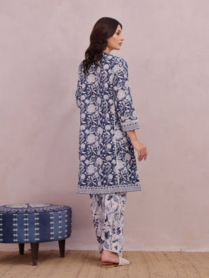 2Pc Printed Pret & Unstitched Shirt Trouser Lawn Blue