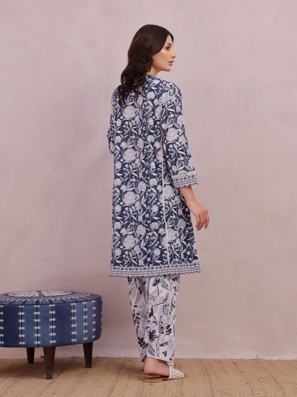 2Pc Printed Pret & Unstitched Shirt Trouser Lawn Blue