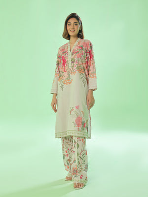 2Pc Printed Pret & Unstitched Shirt Trouser Lawn Beige & Peach