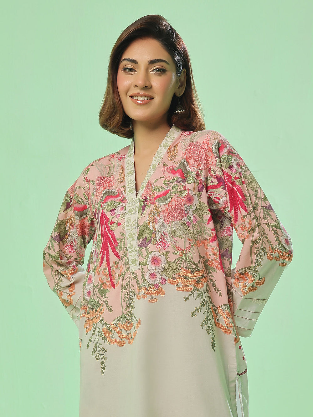 2Pc Printed Pret & Unstitched Shirt Trouser Lawn Beige & Peach