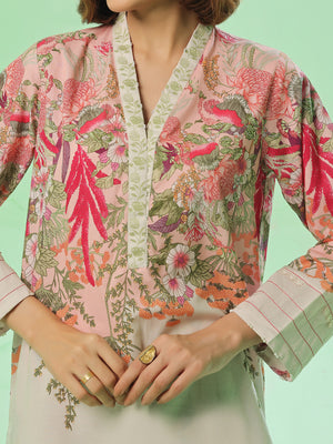 2Pc Printed Pret & Unstitched Shirt Trouser Lawn Beige & Peach