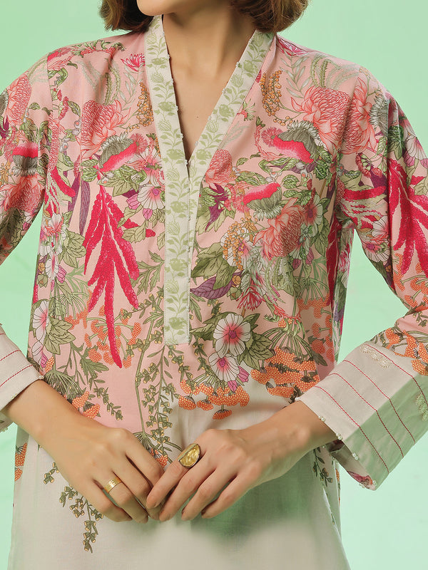 2Pc Printed Pret & Unstitched Shirt Trouser Lawn Beige & Peach