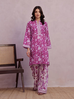 2Pc Printed Pret & Unstitched Shirt Trouser Lawn Magenta