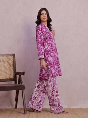2Pc Printed Pret & Unstitched Shirt Trouser Lawn Magenta