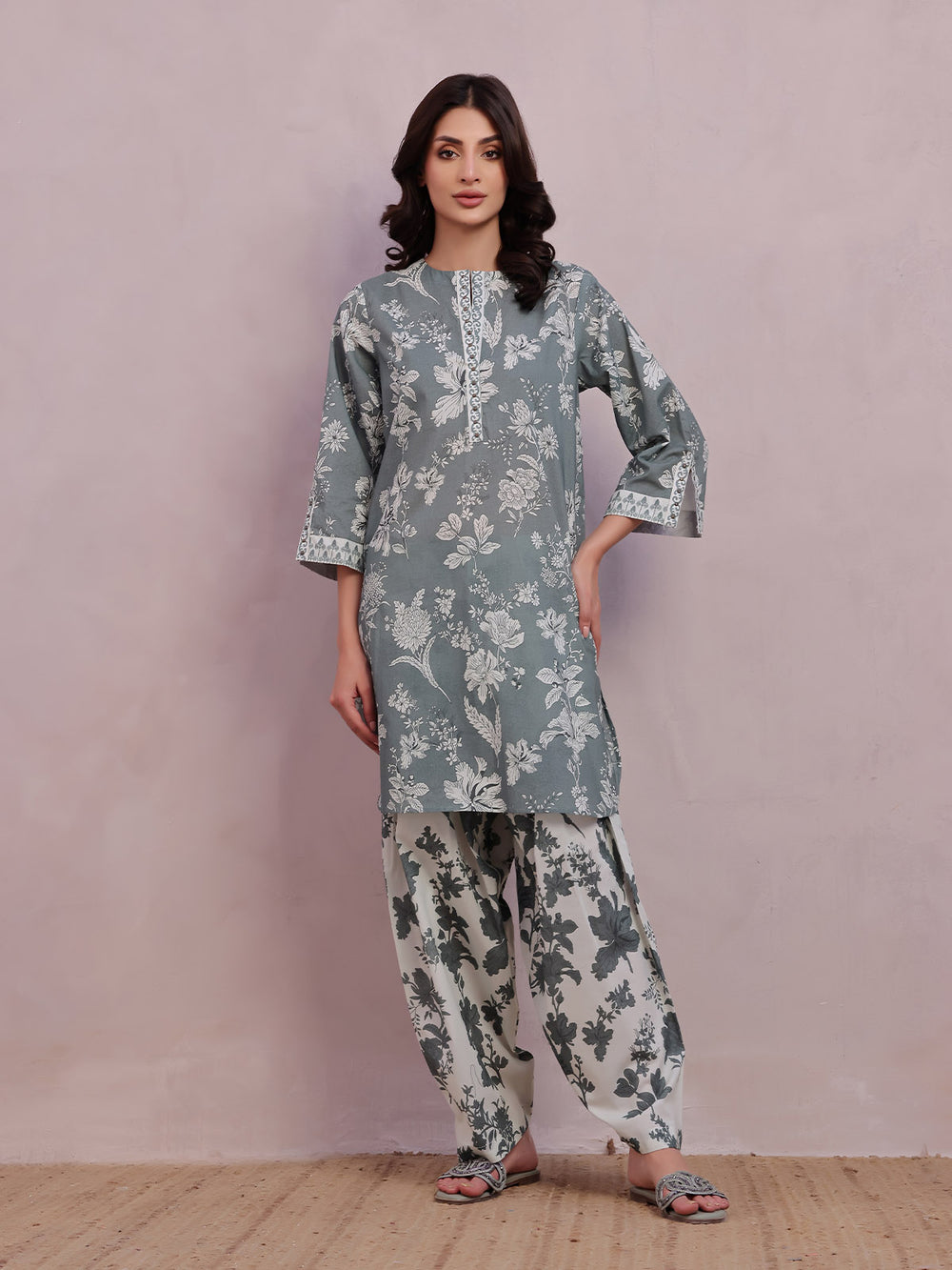 2Pc Printed Pret & Unstitched Shirt Trouser Lawn Green