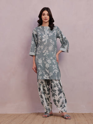 2Pc Printed Pret & Unstitched Shirt Trouser Lawn Green