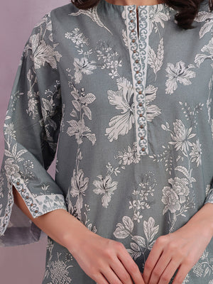 2Pc Printed Pret & Unstitched Shirt Trouser Lawn Green