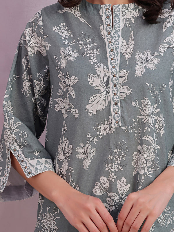 2Pc Printed Pret & Unstitched Shirt Trouser Lawn Green