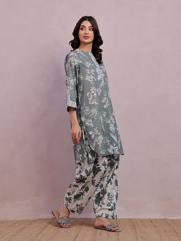 2Pc Printed Pret & Unstitched Shirt Trouser Lawn Green