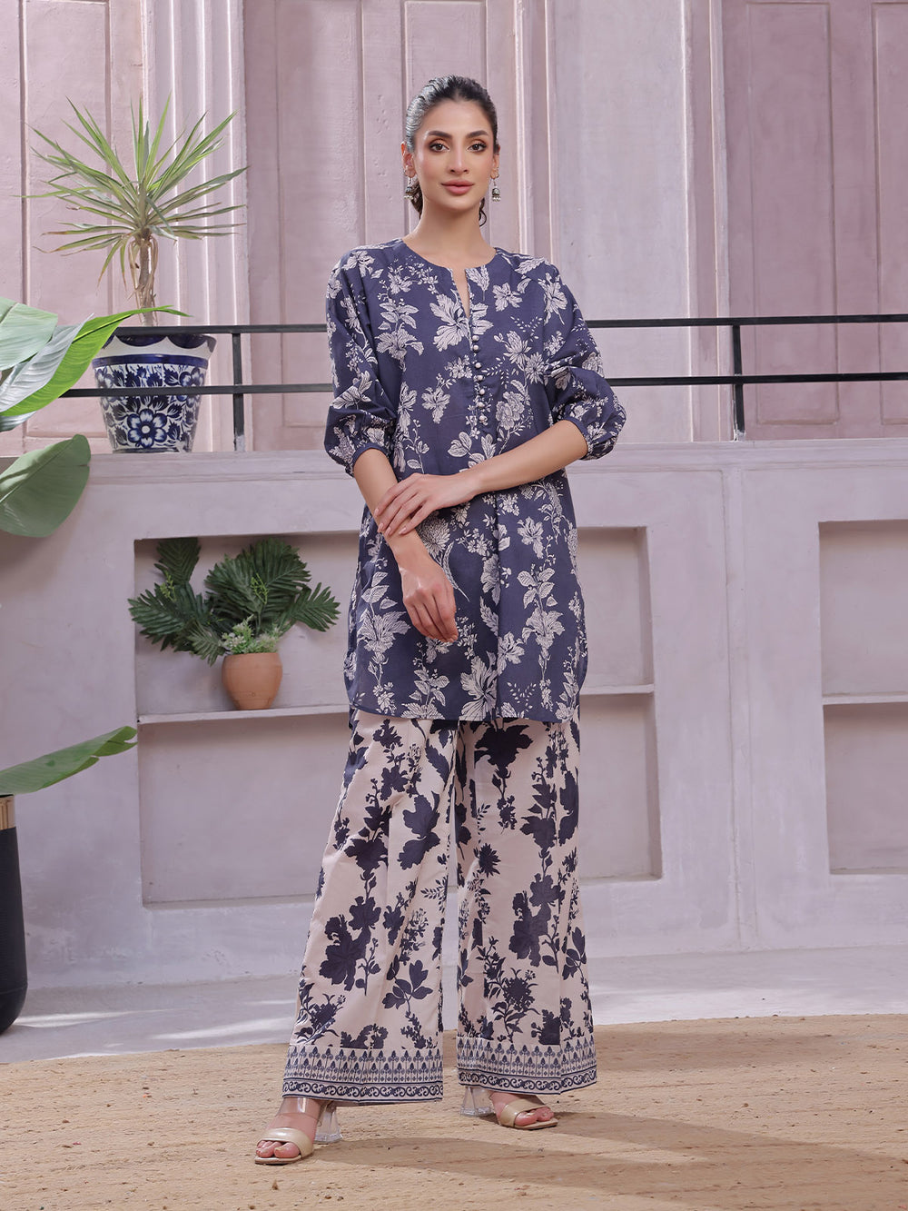 2Pc Printed Pret & Unstitched Shirt Trouser Lawn Blue