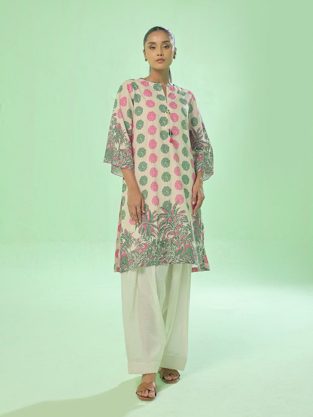 1Pc Printed Pret & Unstitched Kurti Lawn Green & Pink