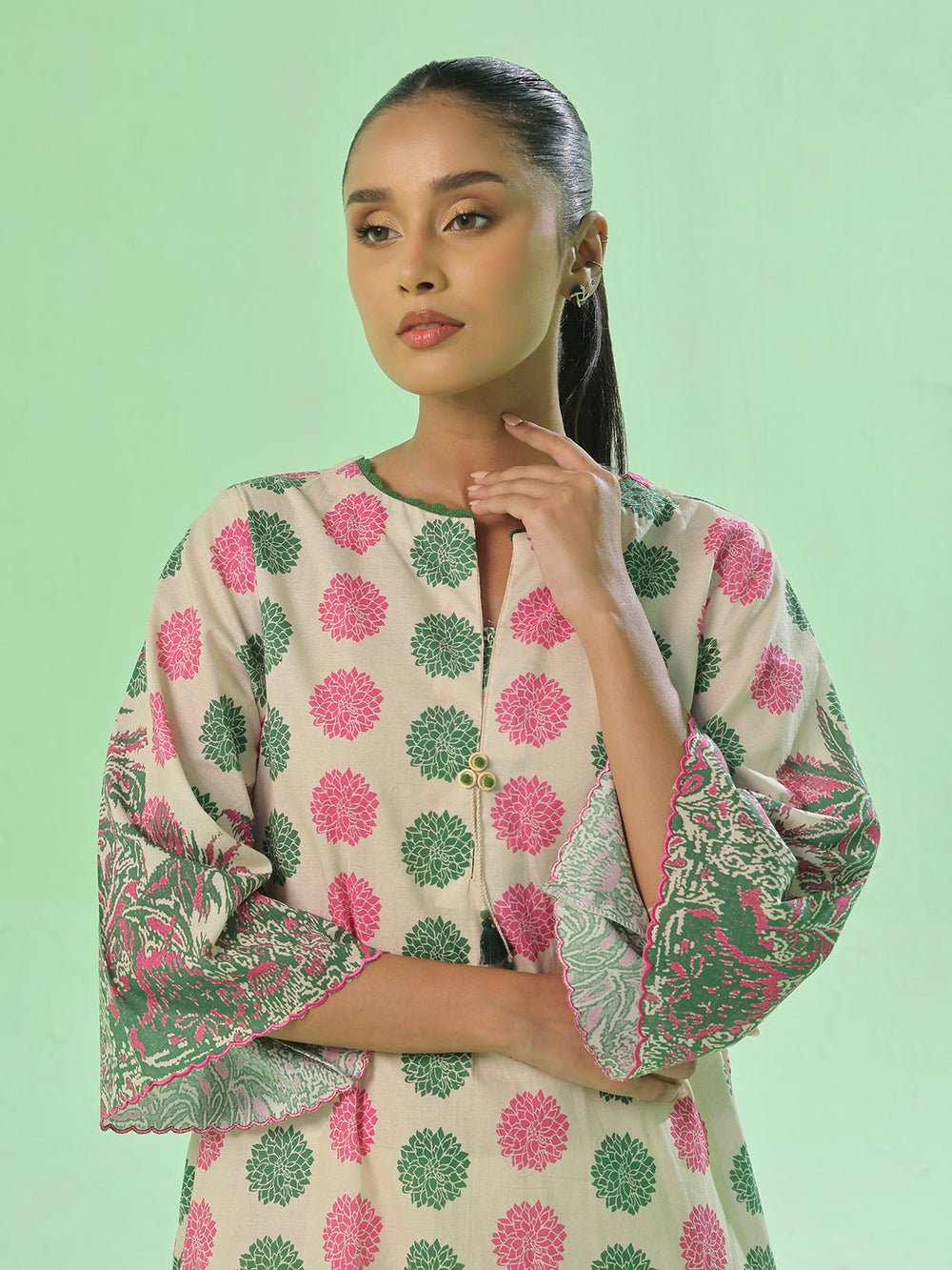 1Pc Printed Pret & Unstitched Kurti Lawn Green & Pink