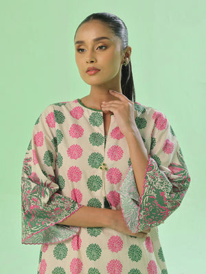1Pc Printed Pret & Unstitched Kurti Lawn Green & Pink