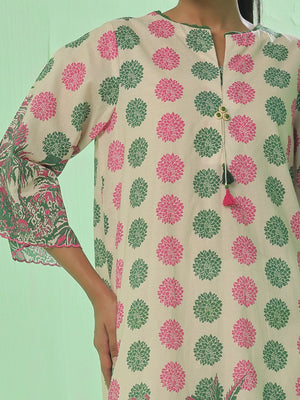 1Pc Printed Pret & Unstitched Kurti Lawn Green & Pink