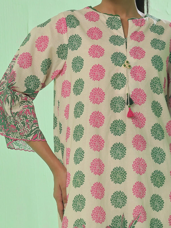 1Pc Printed Pret & Unstitched Kurti Lawn Green & Pink