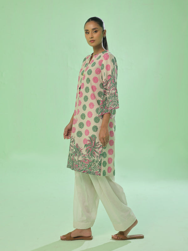 1Pc Printed Pret & Unstitched Kurti Lawn Green & Pink