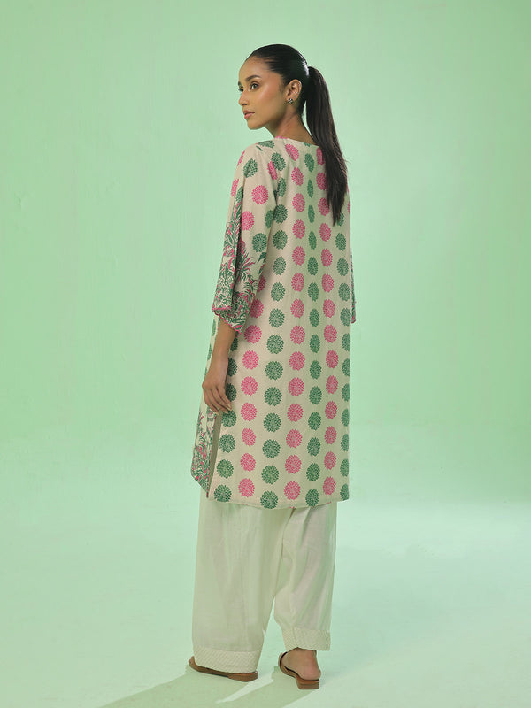 1Pc Printed Pret & Unstitched Kurti Lawn Green & Pink
