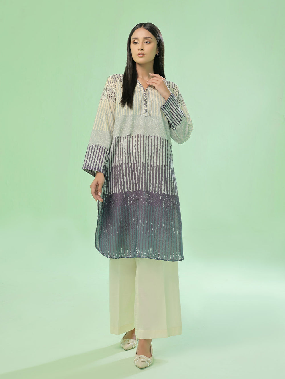 1Pc Printed Pret & Unstitched Kurti Lawn Beige & Blue