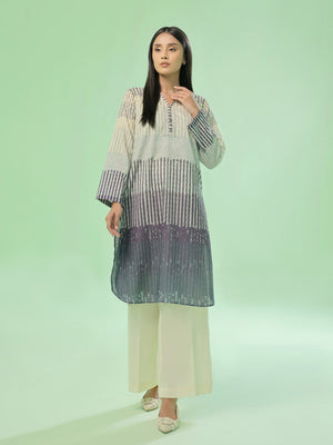 1Pc Printed Pret & Unstitched Kurti Lawn Beige & Blue