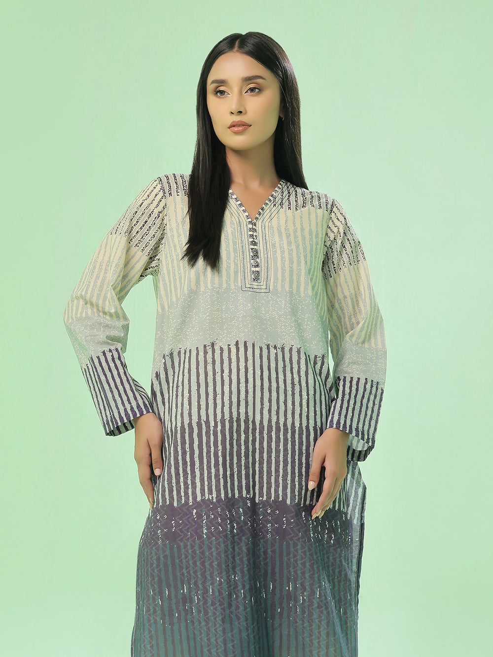 1Pc Printed Pret & Unstitched Kurti Lawn Beige & Blue