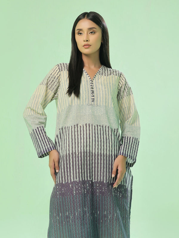 1Pc Printed Pret & Unstitched Kurti Lawn Beige & Blue