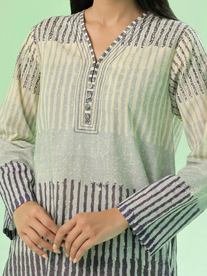 1Pc Printed Pret & Unstitched Kurti Lawn Beige & Blue
