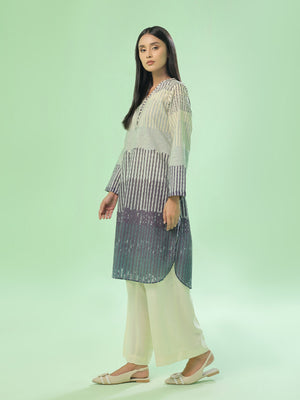 1Pc Printed Pret & Unstitched Kurti Lawn Beige & Blue