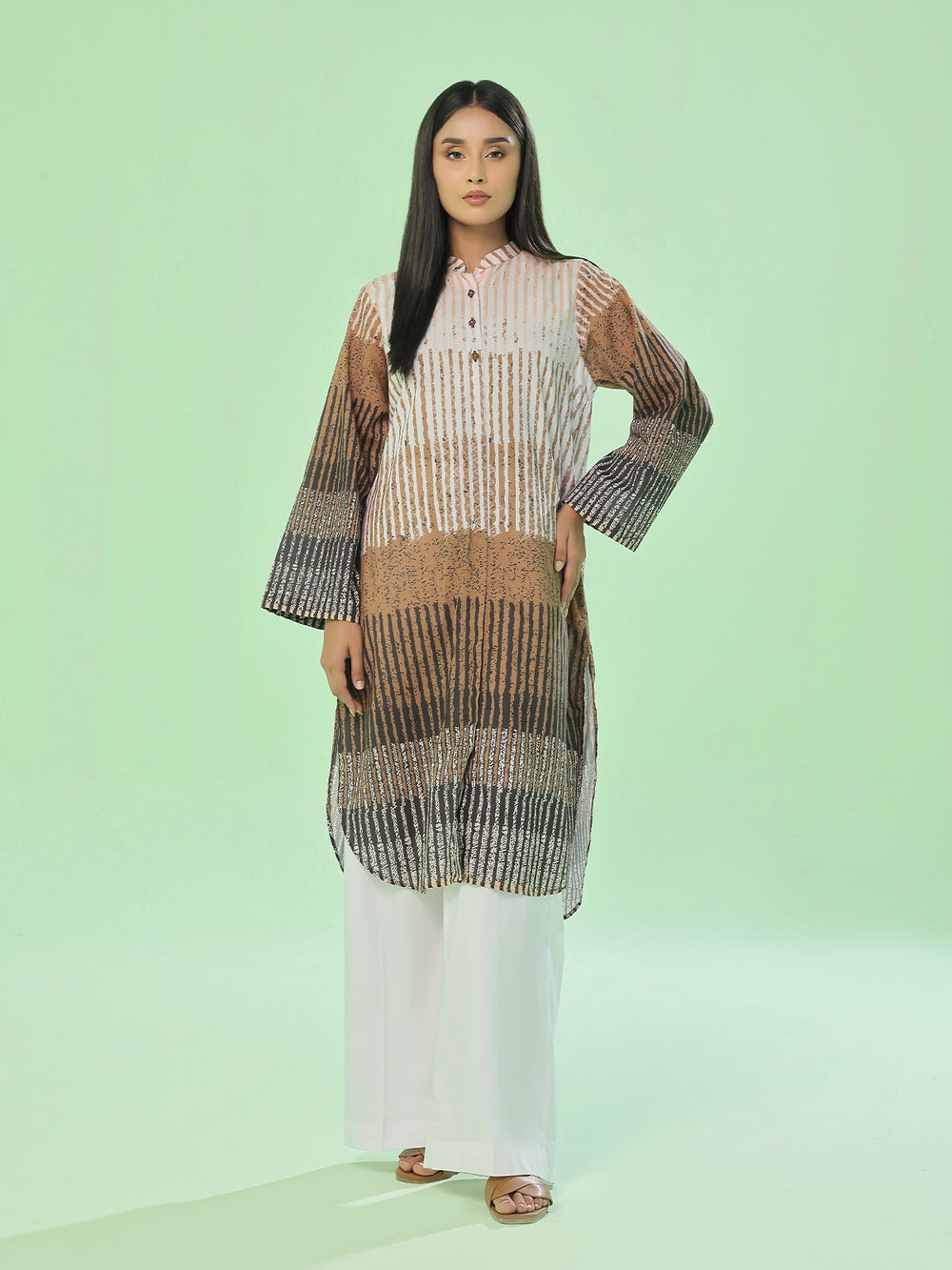 1Pc Printed Pret & Unstitched Kurti Lawn Beige & Brown