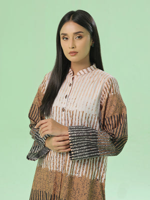 1Pc Printed Pret & Unstitched Kurti Lawn Beige & Brown