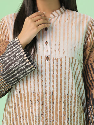 1Pc Printed Pret & Unstitched Kurti Lawn Beige & Brown