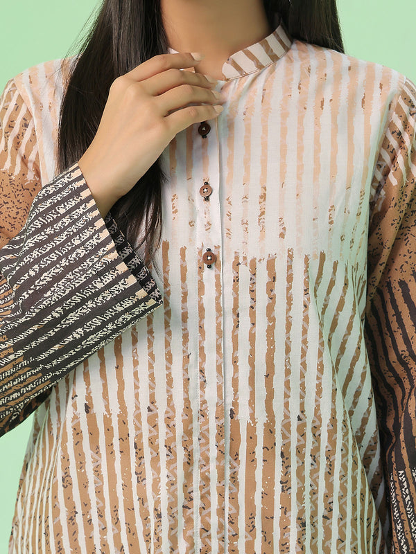 1Pc Printed Pret & Unstitched Kurti Lawn Beige & Brown