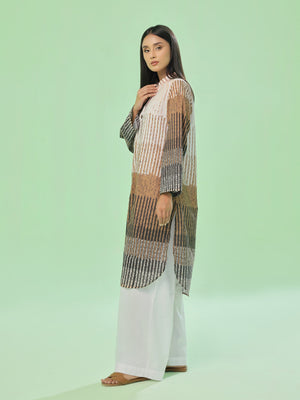 1Pc Printed Pret & Unstitched Kurti Lawn Beige & Brown