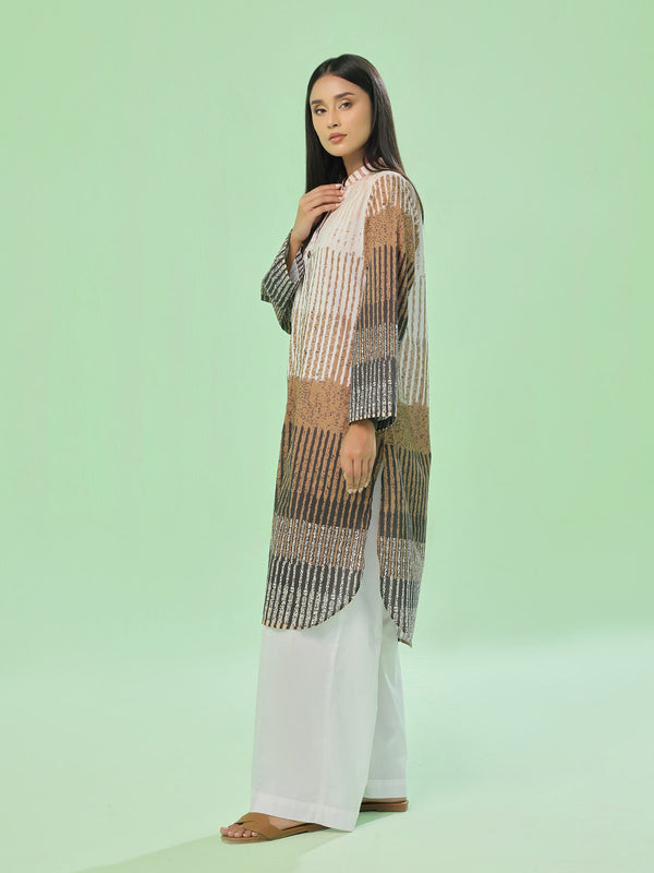 1Pc Printed Pret & Unstitched Kurti Lawn Beige & Brown