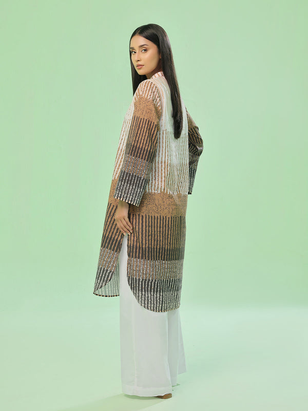 1Pc Printed Pret & Unstitched Kurti Lawn Beige & Brown