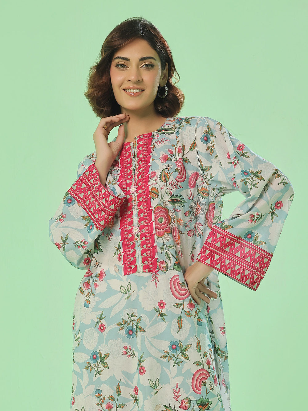 1Pc Printed Pret & Unstitched Kurti Lawn Ferozi