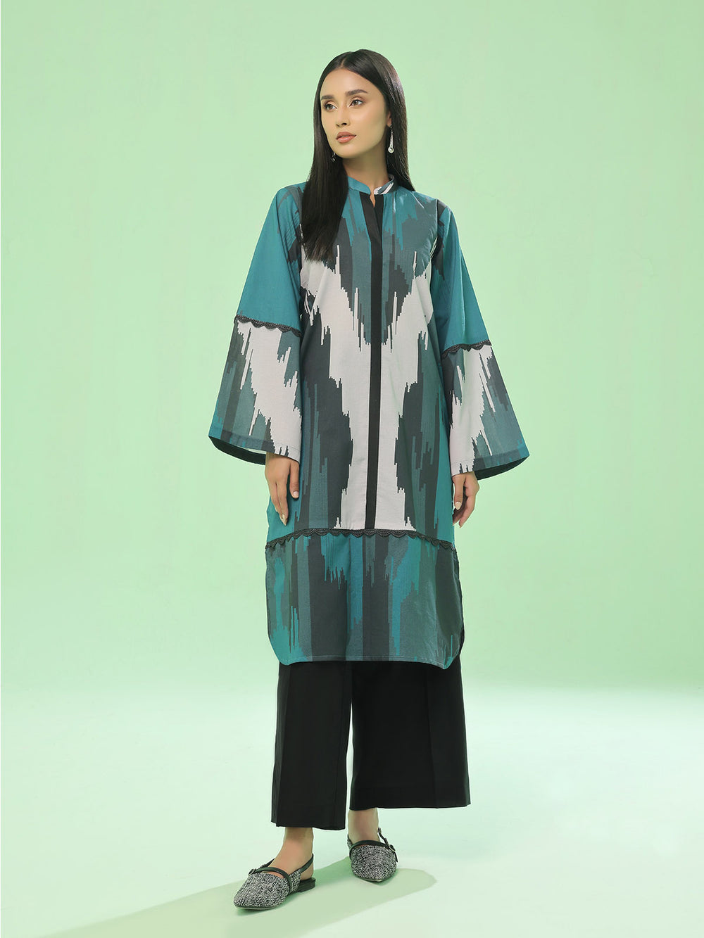 1Pc Printed Pret & Unstitched Kurti Lawn Dark Green