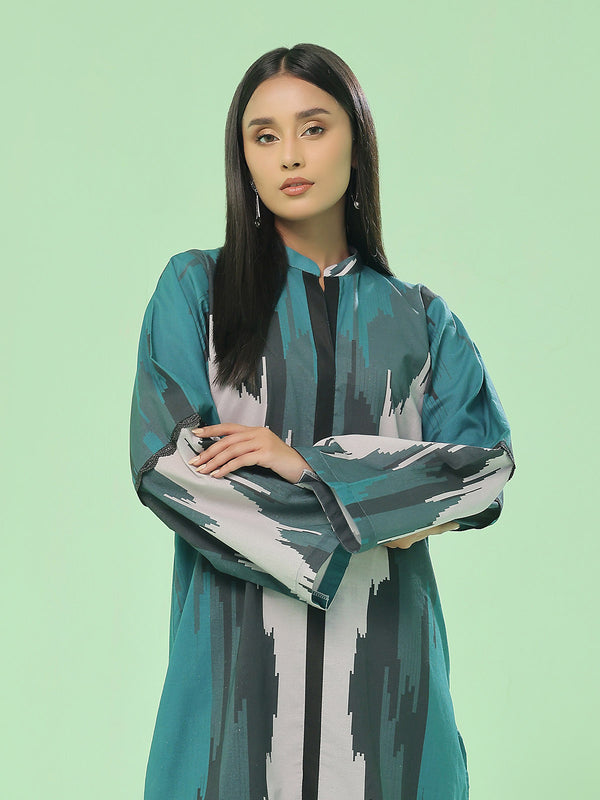 1Pc Printed Pret & Unstitched Kurti Lawn Dark Green