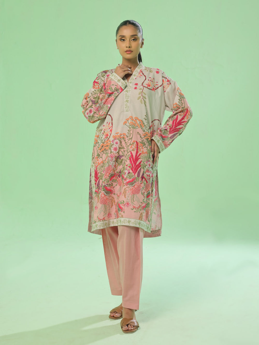 1Pc Printed Pret & Unstitched Kurti Lawn Beige & Peach