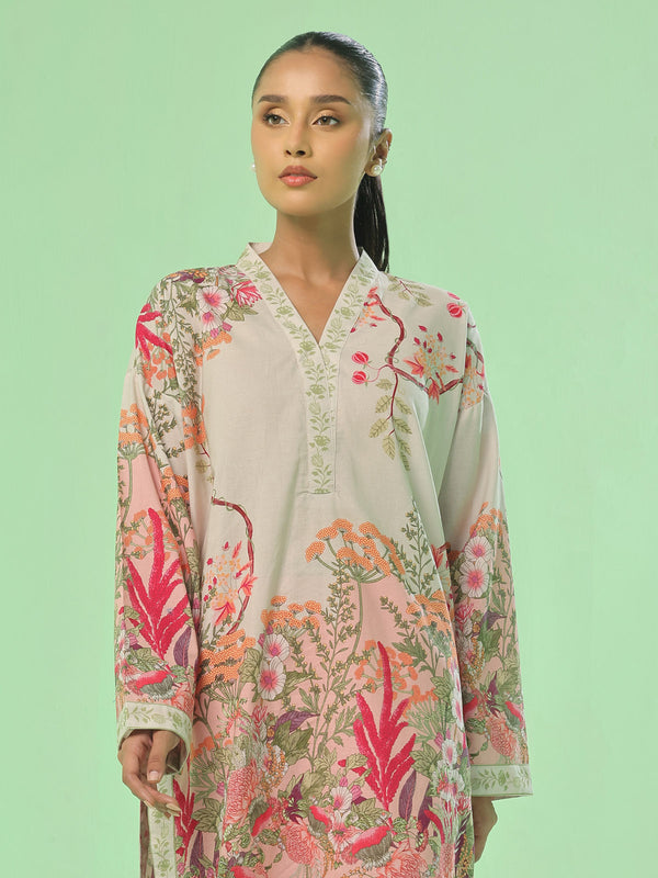 1Pc Printed Pret & Unstitched Kurti Lawn Beige & Peach